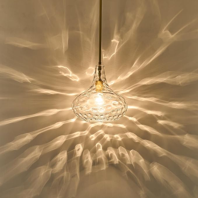 11" Clear Glass Pendant Light – Large Hand-Blown Glass Shade with Hammered Texture and Gold Finish, Adjustable Ceiling Hanging Light for Kitchen Island, Dining Room, Hallway, Living Room
