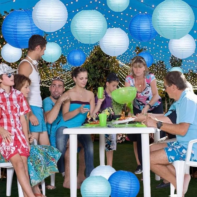 Blue Paper Lanterns Decorative,Hanging Chinese Lanterns Indoor Outdoor for Birthday, Wedding, Christmas, Bridal, Home Decor, Ceiling Decorations(Size of 4”, 6”, 8”, 10”,12Pcs)