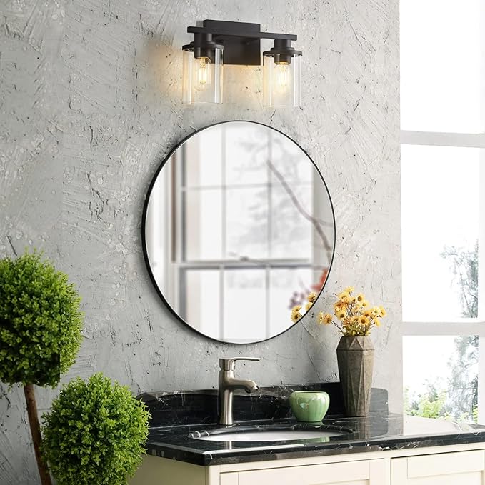 Bathroom Light fixtures, 2 Light Matte Black Bathroom Vanity Light, Vanity Lights with Metal Base and Clear Glass Shade, Wall Sconces Lighting for Bathroom, Mirror, Bedroom, Living Room, Hallway