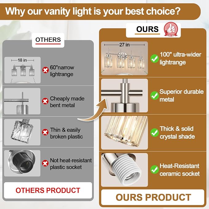 Modern K9 Crystal Bathroom Vanity Light Fixtures, 4-Light Chrome Vanity Lighting Over Mirror, Clear Crystal Shades, Modern Bathroom Light for Bedroom Living Room Hallway Dressing Room