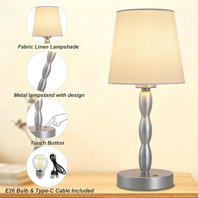 Rechargeable Cordless Table Lamp, 5000mAh Battery Powered Touch Desk Lamp, 3-Level & Stepless Dimmable Night Light, Portable Bedside Lamp for Bedroom, Outdoor, Bulb Included, Silver