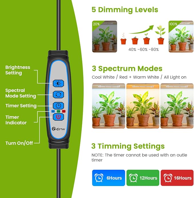Kullsinss 8in Grow Lights Strips, 56 LEDs Plant Lights for Indoor Growing | Dual-Strip Full Spectrum Plant Lamp with 6/12/16H Auto Timer, 5 Dimmable Levels, Fits Seedlings, Herbs & Plant Shelf, 2 Pack