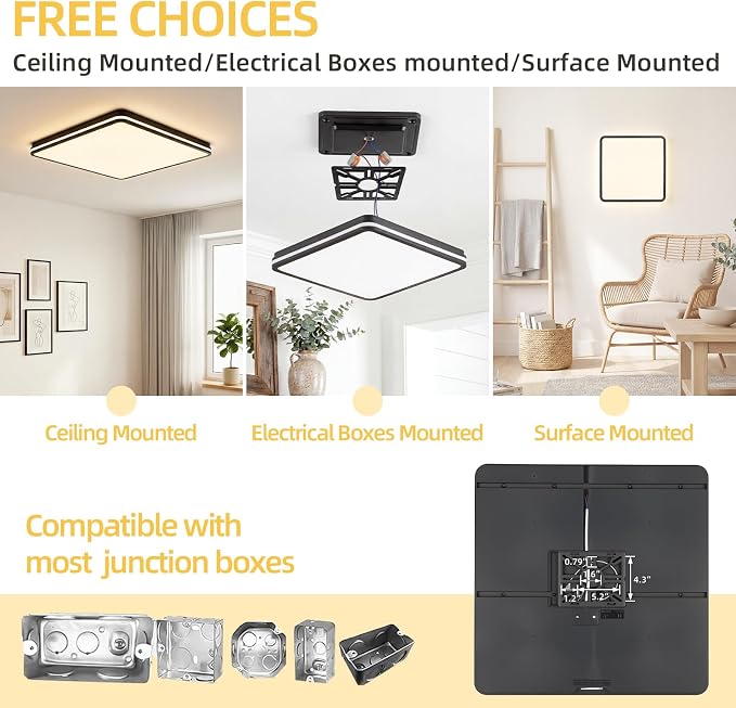 18 Inch LED Flush Mount Ceiling Light, White Ceiling Light Fixture with Side Light, 50W,4500LM, 2700K/4000K/6000K CCT Selectable, Square Lamp for Bathroom, Closet, Kitchen, Hallway, Bathroom