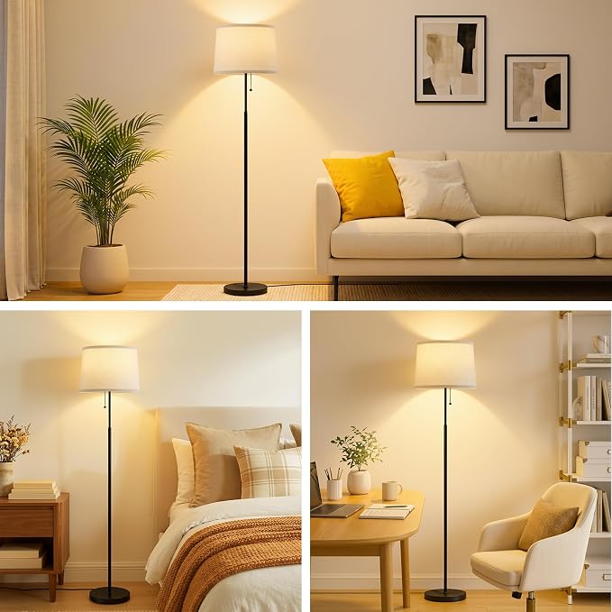 Floor Lamps for Living Room & Bedroom, 60" Modern Tall Standing Lamp, 3CCT | Lamps for Office, Classroom, Bedside, Linen Lampshade, Pull Chain Switch, Modern Design, Anti-glare Lighting, Easy Assembly