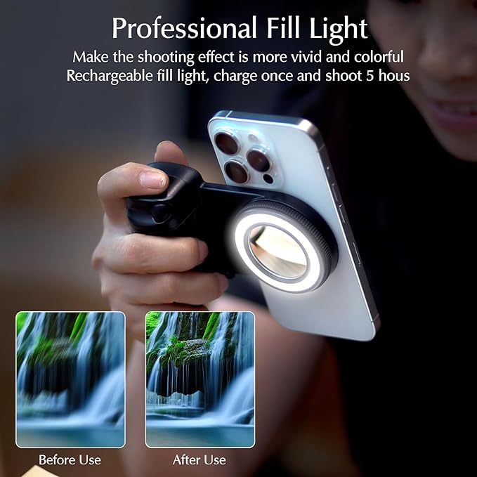 Magnetic Selfie Ring Light, Rechargeable LED Fill Light with a Mirror for iPhone, Wireless Bluetooth Remote Control for Video Vlog Photo Shooting Acccessory Compatible with Magsafe