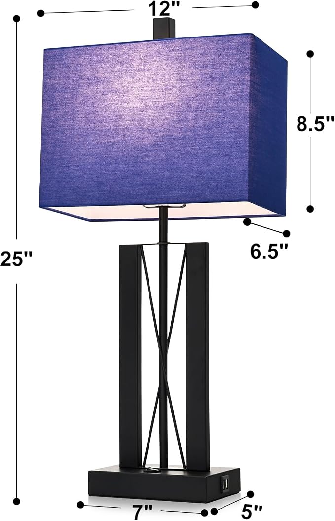 Lolikit 25" Table Lamps for Living Room Set of 2, Bedside Lamps for Bedroom | 2 USB Charging Ports,Blue and Black,Geometric Industrial Contemporary,2 LED Bulbs Shade Included,Nightstand,End Table