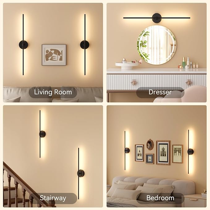 Battery Operated Wall Sconces Set of 2, 8000mAh Wireless Rechargeable 3000-6000K Dimmable 350° Rotate Wall Light with Remote for Living Room, Bedroom 31.6in Black