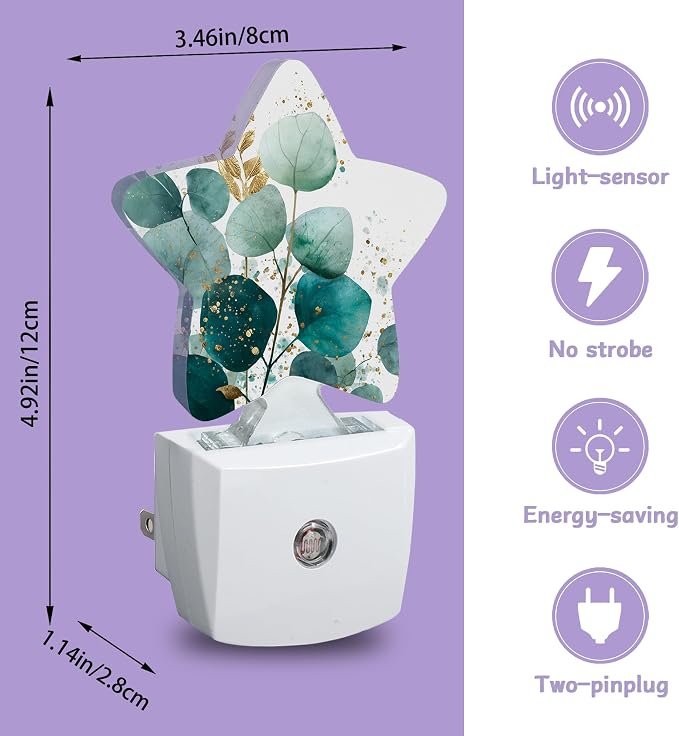 Eucalyptus Gree Night Lights Plug Into Wall Decorative,Gold Foil Nightlight with Dusk Sensor for Bathroom,Kitchen,Entryway,Room Accent,Gifts