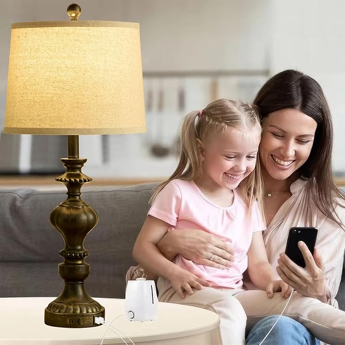 SAIWEYA 27.5" Farmhouse Table Lamps Set of 2 Bedside Lamp with USB C+A Ports & AC Outlet, 3 Way Dimmable Lamps for Bedroom Living Room Office Rustic Lamp | Dimmable, USB C+A Ports & AC Outlet, LED Bulbs Included, Rustic Lamps for Living Room, Bedroom