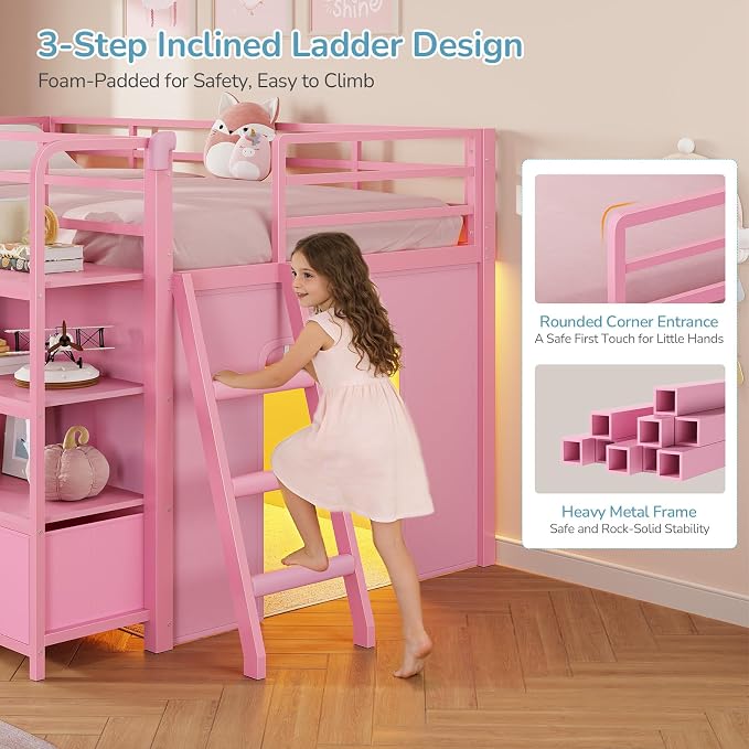 Low Loft Bed Twin Size with Desk, 6 Storage Drawers & Bookshelf, Kids Loft Bed with LED Lights & Under-Bed Play Space, Heavy Duty Metal Bed Frame with 13.8"H Safety Guardrail & Ladder, Pink