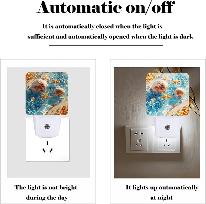 Starfish and Seashell On Beach Night Light,Plug-in Night Lights with Dusk-to-Dawn Sensor for Stairway,Hallway,Bedroom Sleep Friendly Ideal for Women/Girls/Boys Gift,0.5w