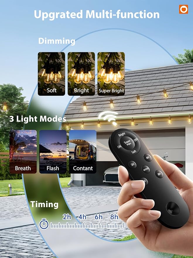 addlon 200FT(192+8) Solar String Lights Outdoor Waterproof 6W Panel with USB Port & Remote Control Solar Powered Patio Lights for Outside with 68 LED Dimmable Bulbs for Porch Garden Deck Halloween