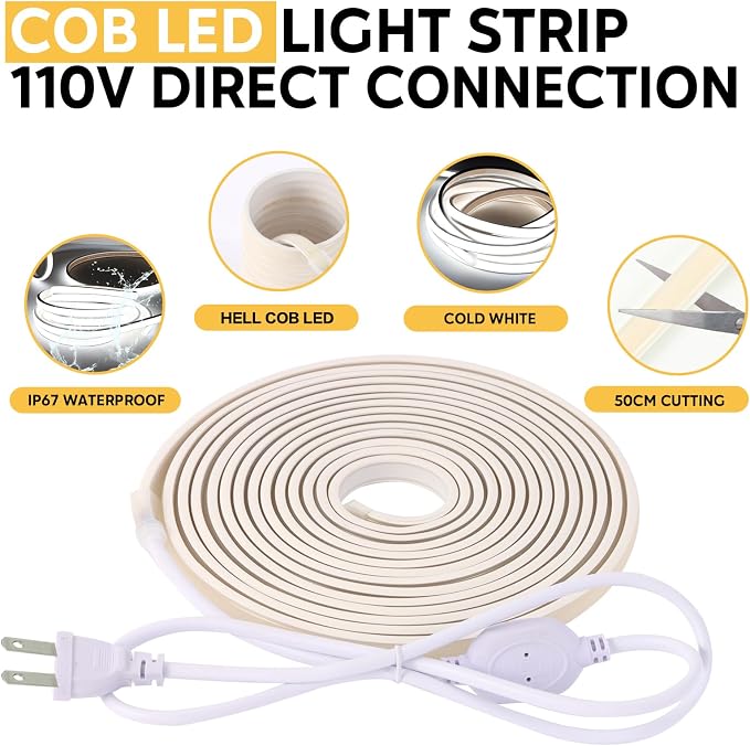 9.84ft 110V Outdoor Waterproof LED Strip Lights Cool White 6000K | 3m 120V COB Light Strip 320LEDs Cuttable Rope Light Bright for Bedroom Outdoor Living Room Kitchen Cabinets
