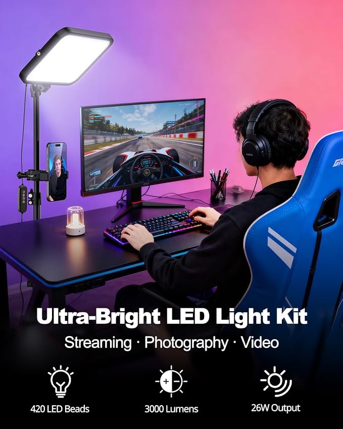 UBeesize 1-Pack LED Video Light Kit with Tripod Stand & Phone Holder | Ultra-Bright 3000-Lumen Dimmable Studio Lights for Live Streaming, Video Recording, Makeup, Gaming, YouTube and Photography