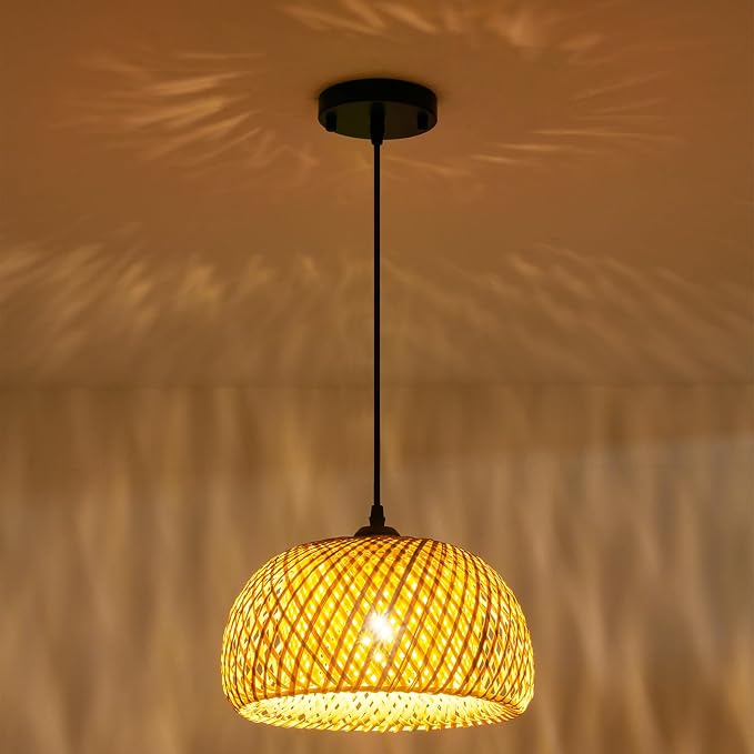 Bamboo Pendant Light,Set of 2 Boho Round Basket Chandelier Handmade Woven Pendant Light, Natural Bamboo Rattan Hanging Chandelier for Kitchen Island Dining Room Living Room Porch