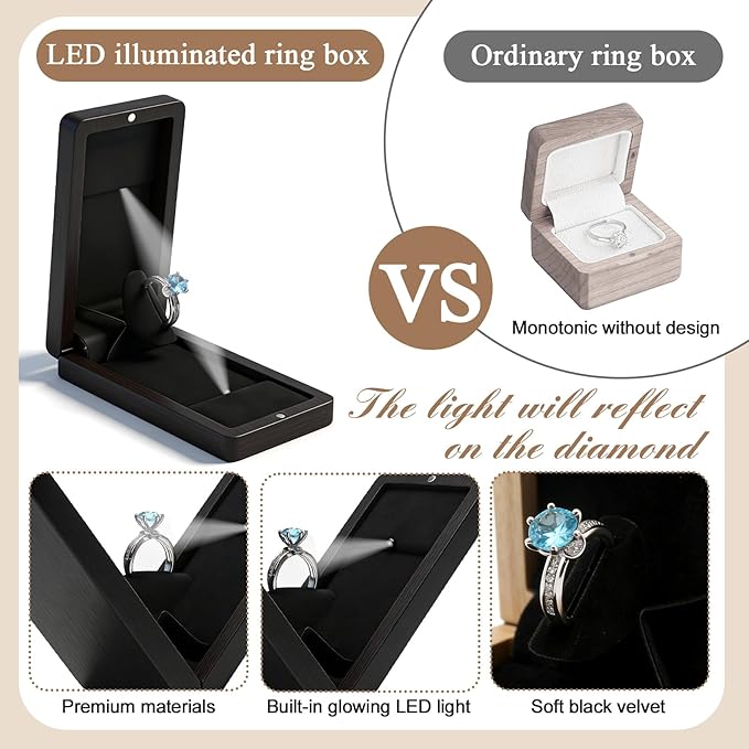 Wooden Engagement Ring Box For Proposal Valentine's Day Jewelry Gift Box Wood Rotating Wedding Day Ring Box With Led Light Gift Packaging(Black Oak (Painted Finish))