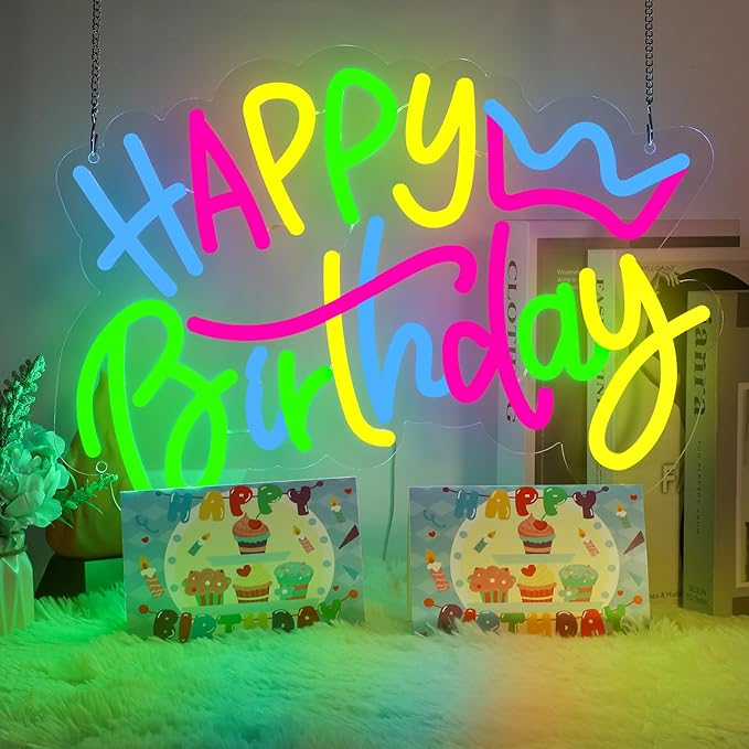 Happy Birthday Neon Sign – Colorful LED Light-Up Sign for Birthday Party Backdrops, USB Powered with Dimmable, Wall Decoration for All Ages, with 2 Birthday Cards, 16.5 x 12.5 Inches