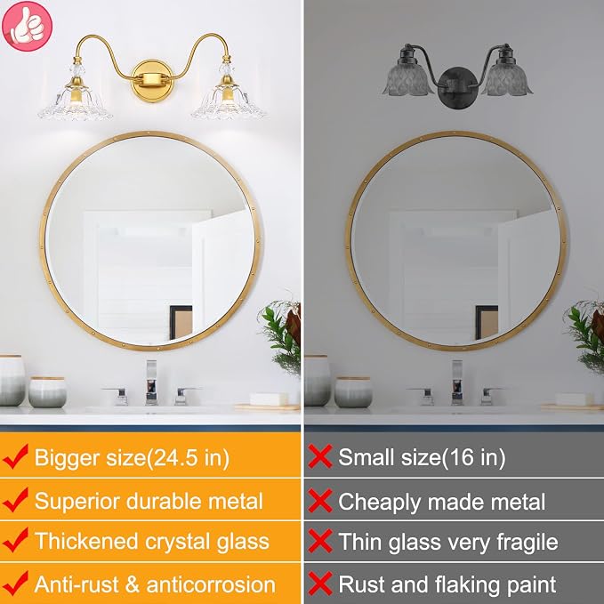 Gold Bathroom Vanity Light Fixtures 2 Lights Vanity Lights for Bathroom with Floral Crystal Glass Shade Modern Wall Lighting Fixtures Over Mirror(Exclude E26 Bulb)
