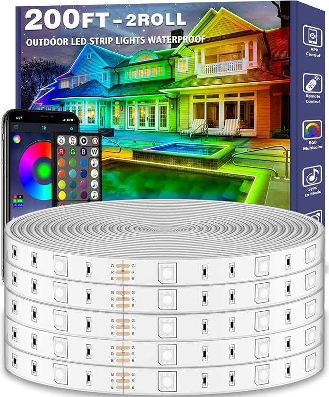 AILBTON 200ft Outdoor LED Strip Lights Waterproof,IP68 Outside Led Light Strips Waterproof with Bluetooth App Remote Control,Music Sync RGB Exterior Led Rope Lights,for Balcony,Deck,Roof,Garden,Pool