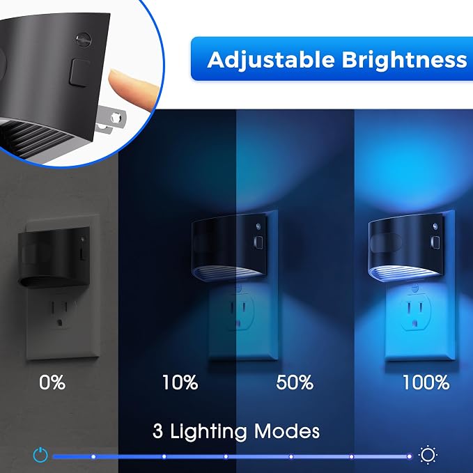L LOHAS LED Motion Sensor Night Light, Night Lights Plug into Wall, 2 Pack | Nightlight with Dusk to Dawn & Motion Detection Sensor, 30-100Lm Adjustable Brightness, Blue Light, Black Housing
