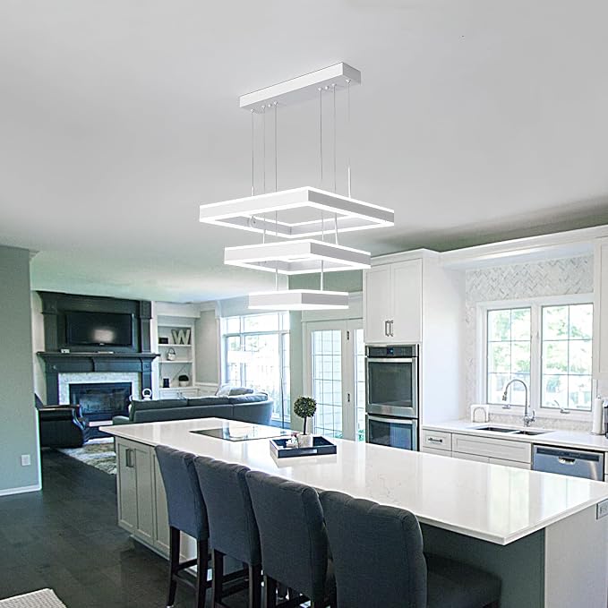 O'NEELDY Modern LED Chandeliers White Square Rings Pendant Light Fixture with Hanging Cord Flush Mount Square Modern Chandeliers for Kitchen Island Dining Room