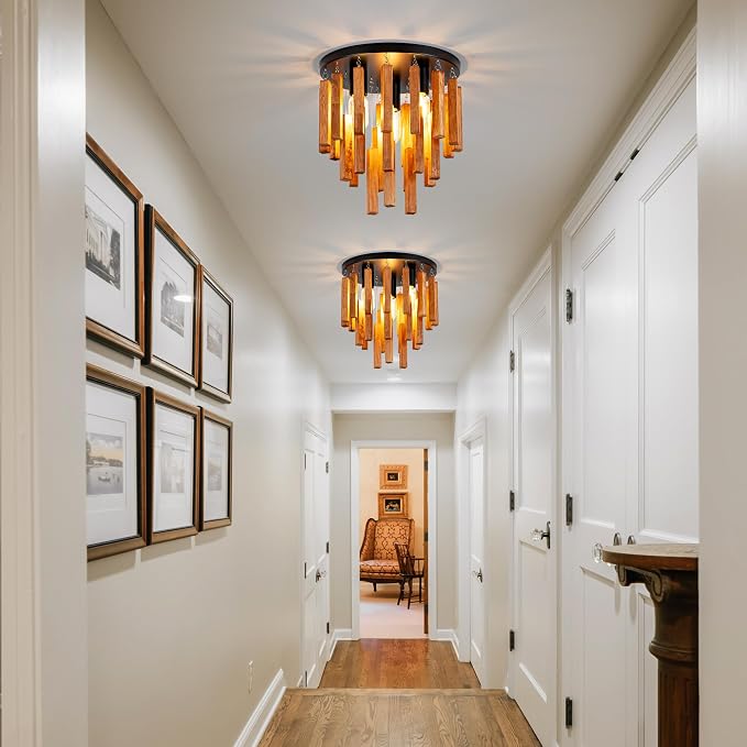 Farmhouse Light Fixture, 3-Light Wood Ceiling Light, Rustic Light Fixture with Wood and Black Metal Finish, Farmhouse Semi Flush Chandelier for Bedroom, Hallway, Entryway, Kitchen