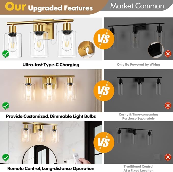 Battery Operated Wall Sconce, 3-Light Dimmable Rechargeable Wireless Vanity Light Fixture with Remote & Bulbs, Gold Indoor Non-Hardwired Decor Wall Lamp for Bedroom, Living Room, Hallway, Mirror