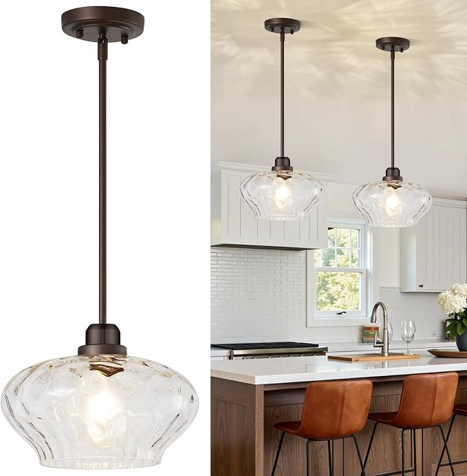 Modern Pendant Lights Kitchen Island, Oil Rubbed Bronze Pendant Light Fixtures with 11" Clear Hammered Glass Shade, Industrial Hanging Pendant Lights Fixture for Kitchen Island Dining Room Foyer