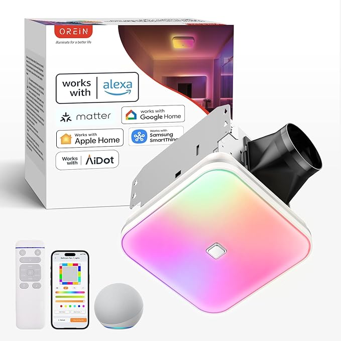 OREiN Matter Smart Bathroom Exhaust Fan with Light, 110 CFM Quiet Bathroom Fan, Tunable White 2700K–6500K & RGB Mood Lighting, Easy Installation, Remote Control, No Speaker, Works with Alexa & Google