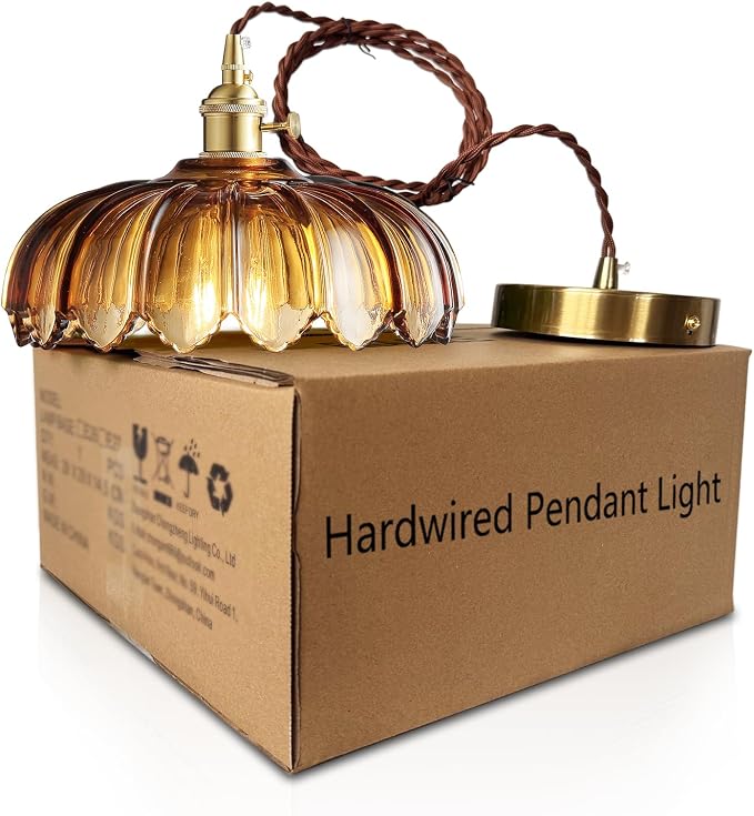 XZHGCEE Pendant Lights Kitchen Island: Amber Glass Hanging Light Fixture with Rotating Switch, E26 Base - Modern Lighting for Dining Room, Bedroom & Living Room