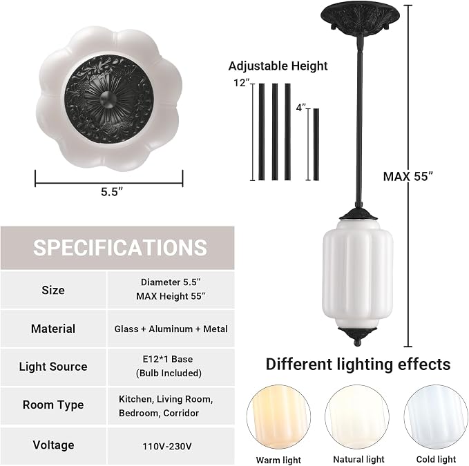 LOUSACE 5.5 in Milk Glass Kitchen Pendant Light, Retro Semi Flush Mount Ceiling Pandant Lighting with Matte Black Aluminium Base & White Milk Glass, E12 Blub Included