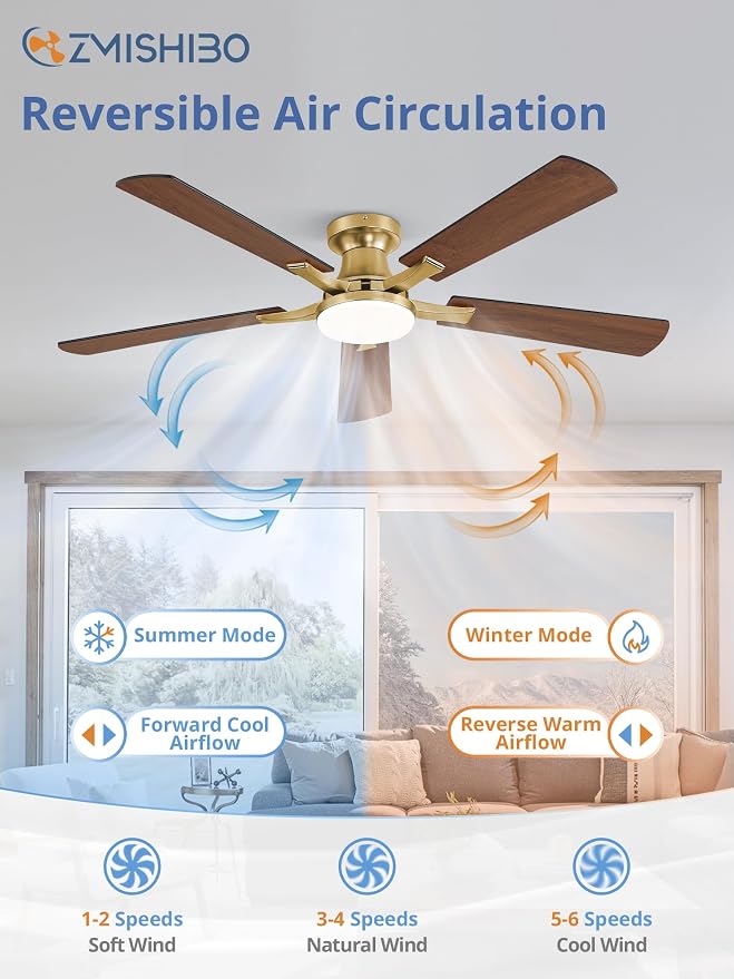 ZMISHIBO 52 Inch Ceiling Fans with Lights, Remote&App Control, Flush Mount | Low Profile, Dimmable 20W LED Light, Quiet Reversible Motor, Strong Airflow, Easy Install for Bedroom/Living Room/Apt, Gold