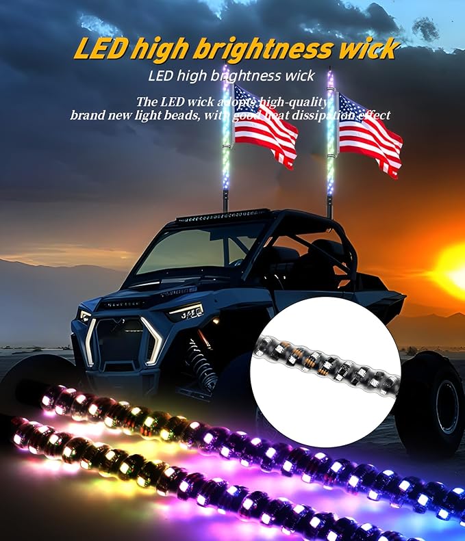 2PCS 5FT Whip Lights, LED Whip Light with App & Remote Control, Spiral RGB Chasing Lighted Antenna Whips,Whip Light for UTV ATV RZR SXS Can-Am Dune Buggy Offroad Truck (5ft)
