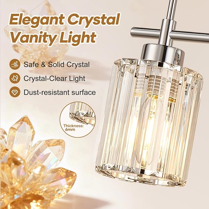 Modern K9 Crystal Bathroom Vanity Light Fixtures, 4-Light Chrome Vanity Lighting Over Mirror, Clear Crystal Shades, Modern Bathroom Light for Bedroom Living Room Hallway Dressing Room