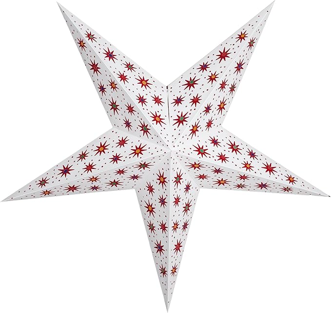 GalaxyArts 24 Inch White Paper Star Lantern - 3D Hanging Decoration Lamp with Red Star Pattern, Handcrafted for Christmas, Parties, Weddings, Indoor/Outdoor Décor