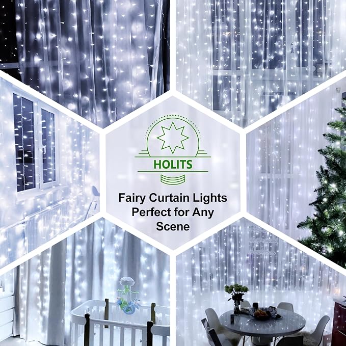 200 LED Fairy Curtain Lights, 6.6 x 6.6 FT Warm White USB Plug in 8 Modes String Hanging Lights with Remote for Christmas, Bedroom, Indoor, Outdoor, Weddings, Party (Cold White)
