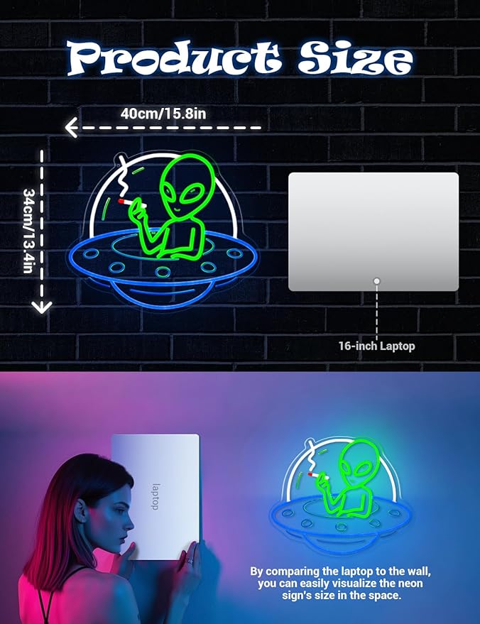 Alien Neon Signs for Wall Decor, UFO Neon LED Signs Light for Man Cave, USB Dimmable Alien LED Light for Bar Party Birthday Christmas Gift (UFO Alien)