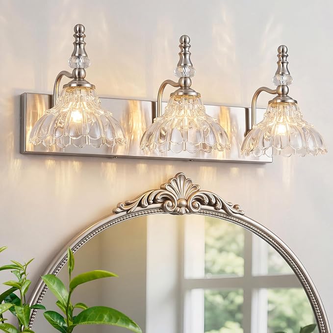 Vintage Bathroom Vanity Light, 3-Light Brushed Nickel Vanity Lighting Fixture with Flower Glass Shade, Bathroom Lighting Fixtures Over Mirror
