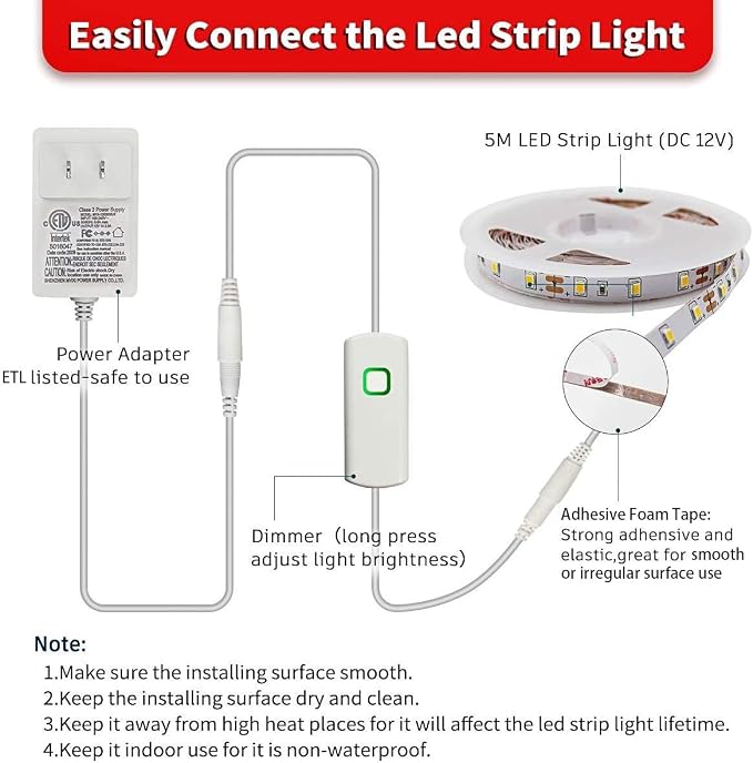 MY BEAUTY LIGHT Led Strip Lights 16.4ft Dimmable Yellow Led Light Strip Flexible Led Tape Lights 12v Under Cabinet Lighting Kits for Home Bedroom Kitchen Bar Party Decor