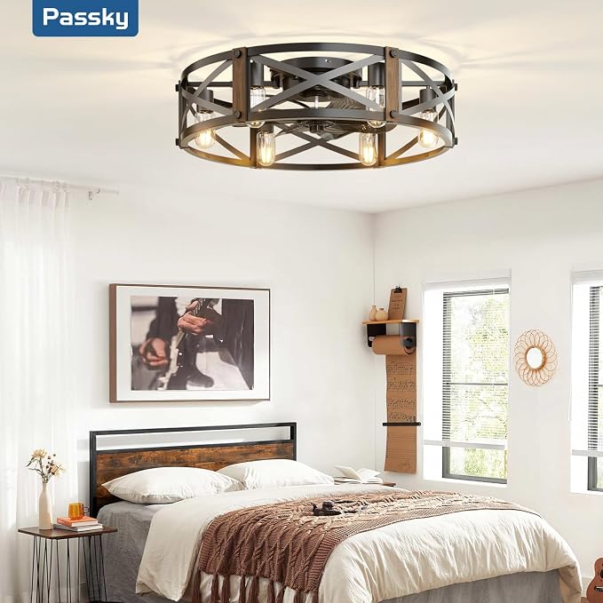 Passky 24" Caged Ceiling Fans with Lights and Remote, Low Profile Fandelier | Reversible DC Motor, 1/2/4/8H Timer, 6 Speeds, Farmhouse, Quiet Operation, 6 E26 Sockets, For Bedroom, Kitchen, Dining Room