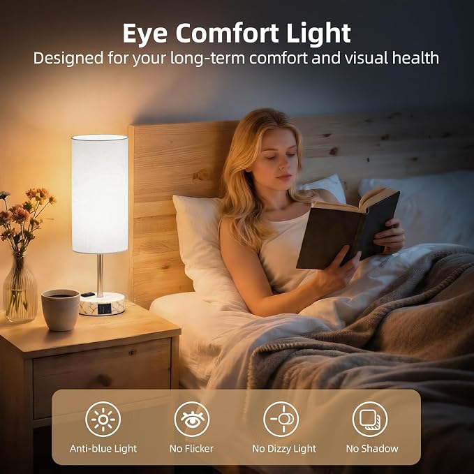 Table Lamp for Nightstand, High-Sensitivity Touch, 3-Level Dimmable Bedside Lamp with AC Outlet | USB | and USB-C, Ideal Night Stand Lamp for Bedroom (1, White&Marble)