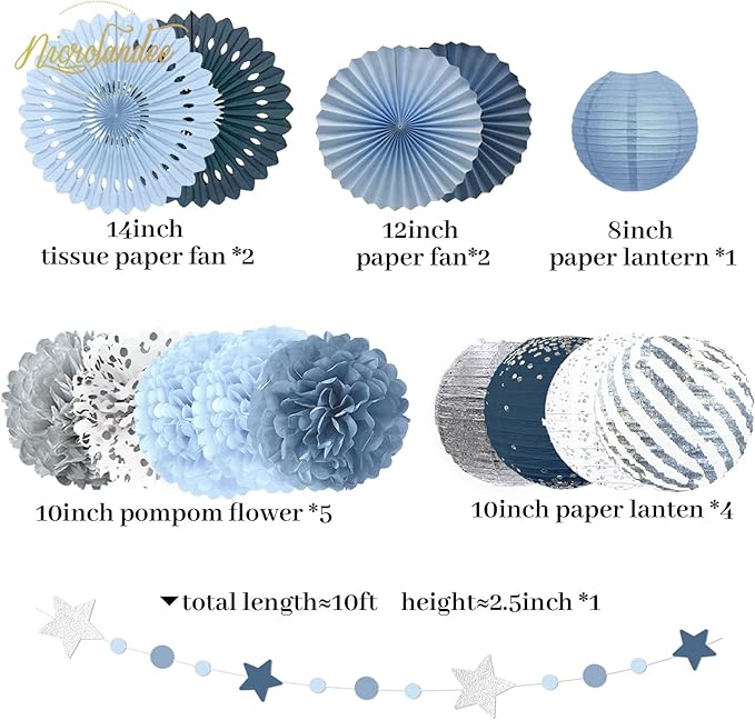 19Pcs Dusty Blue Party Decorations, Hanging Paper Lanterns Fans Tissue Flower Pom Poms Swirls for Wedding, Birthday, Something Blue Bridal Shower Bachelorette Party Baby Shower Decorations