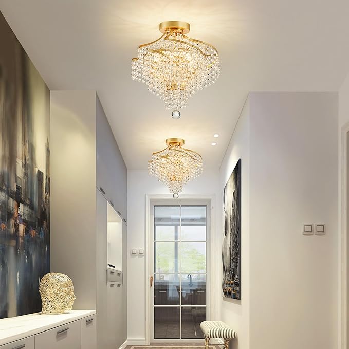 WUZUPS Crystal Chandelier Semi Flushmount Ceiling Light Modern Lighting Fixture for Bedroom Hallway Bar Kitchen Bathroom, H 14.7" x W 14.7", Gold, G9 Base