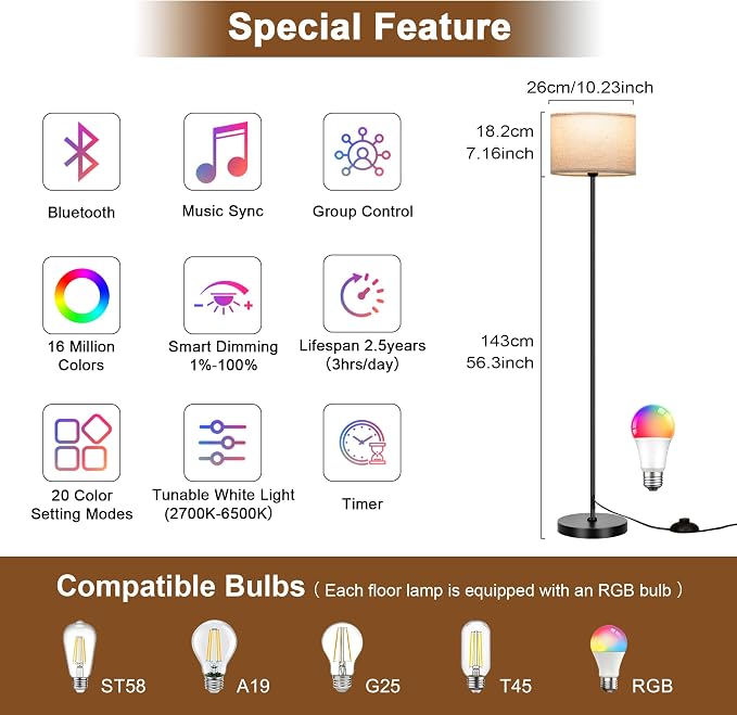 FRIDEKO HOME Floor Lamp for Living Room - Bedroom Standing Tall Lamps with Remote & Color Changing Light Bulbs - Dimmable Mordern Corner Lights for Office with Beige Shade