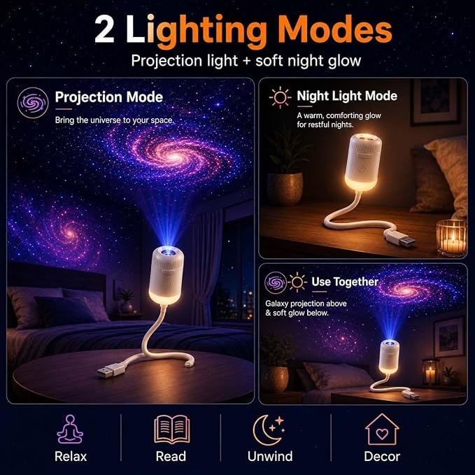 2027 New Hd Smart Dynamic 5d Holographic Night Light Projector 2-in-1 Galaxy Star and Ocean Projector with 24 Films, 360° Rotating USB Powered Ceiling Light for Bedroom