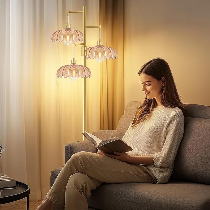 Gold Floor Lamps for Living Room Bedroom-3 Light Glass Floor Lamp with Three Led Bulb, Flower Tall Floor Lamp Dimmable Mid Century Modern Standing Lamp Vintage Tree Floor Lamps for Bedroom Corner