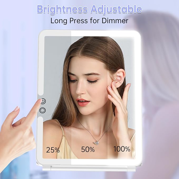 FUNTOUCH 2500mAh Rechargeable Large Travel Makeup Mirror with Lights | 10x7.5 Portable Lighted Makeup Mirror with 3 Color Lights, Dimming Folding Light Up Travel Mirrors with 10X Magnifying Mirror
