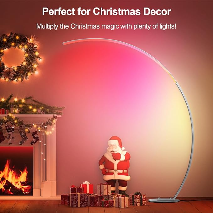 RGB Floor Lamp with 3 Color Temperatures, Ultra Bright 1800LM Smart Arc LED Floor Lamp with Remote Control, Music Sync, Scene Modes, Modern Standing Tall Lamp for Bedroom Living Room-Brushed Nickel