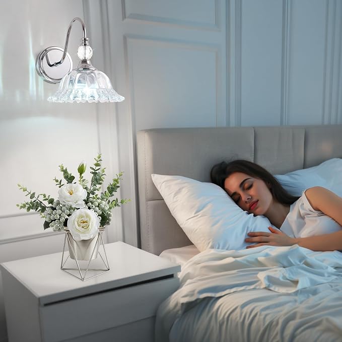 Bathroom Vanity Light Fixtures Single-Head Wall Sconces Lighting with Floral Crystal Glass Shade Chrome Wall Lights for Bathroom,Bedroom,Hallway,Bedside(Bulbs Not Included)