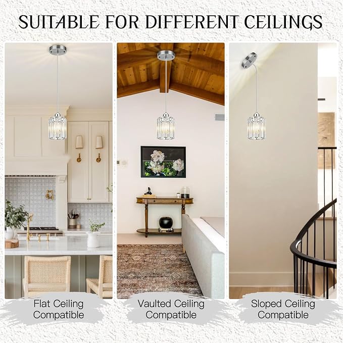 3 Pack Pendant Lights Kitchen Island Brushed Nickel Pendant Light | Crystal Pendant Light, Easy Install, Adjustable Height, E26 Base, for Kitchen Island, Dining Table, Entryway, Restaurant